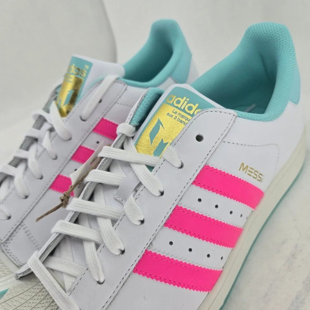 Adidas Superstar Messi JR1979 White Pink Aqua Blue Shell Toe Shoes Mens 11.5